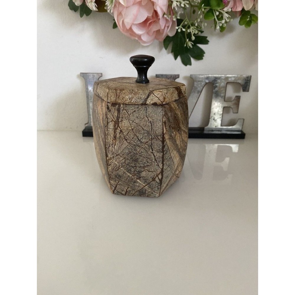 Hexagonal Stone Canister Lidded Container Trinket Box Port To Port Vintage Brown